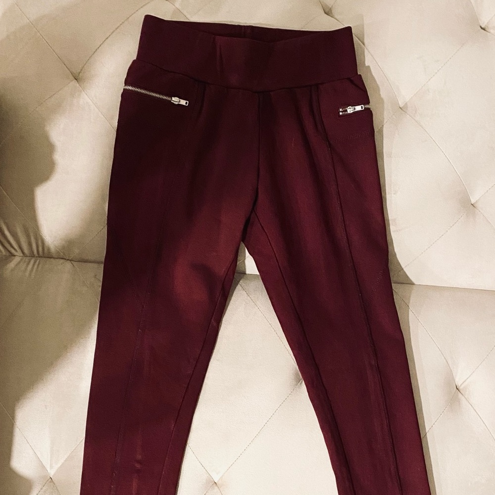 High Waist Skinny Trousers with Metal Zippers in Burgundy